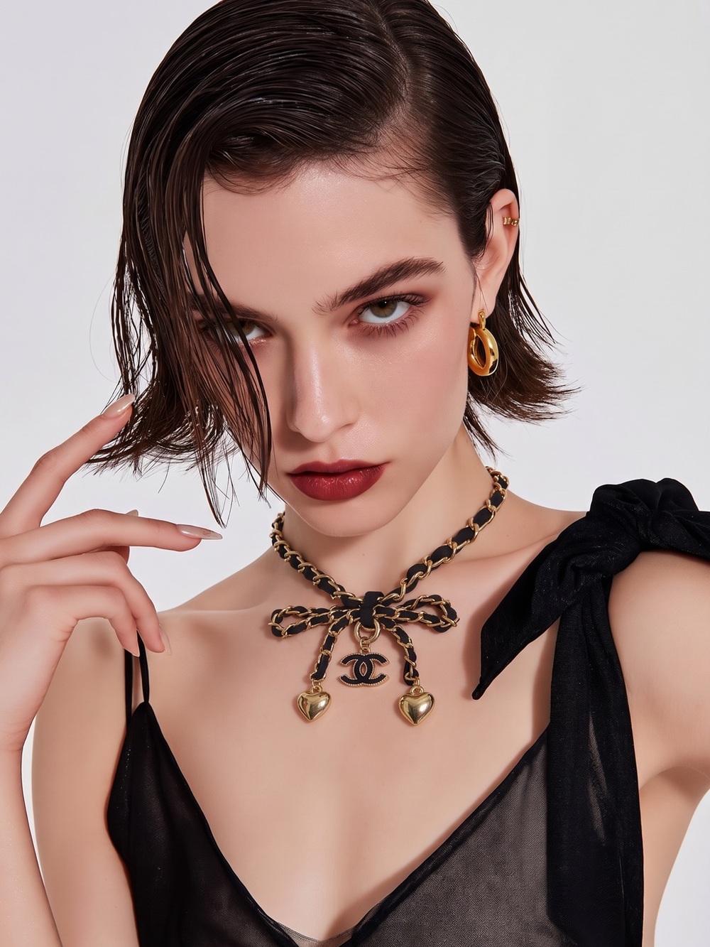 Black and Gold Bow Pendant Necklace with Heart Charms-Fashion Jewelry